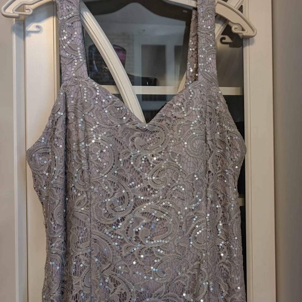 Elegant Silver Evening Gown with Sheer Overlay - Picture 2 of 6